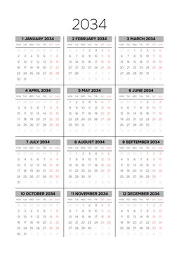 English 2034 Vertical 3x4 Grid Yearly Calendar Template Minimalist Corporate Annual Wall Planner