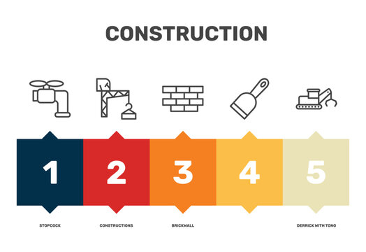construction icon set with stopcock, brickwall, , derrick with tong signs in flat outline style