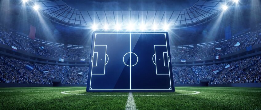 Soccer field with digital tactical board in stadium night game with crowd and bright lights sports strategy concept