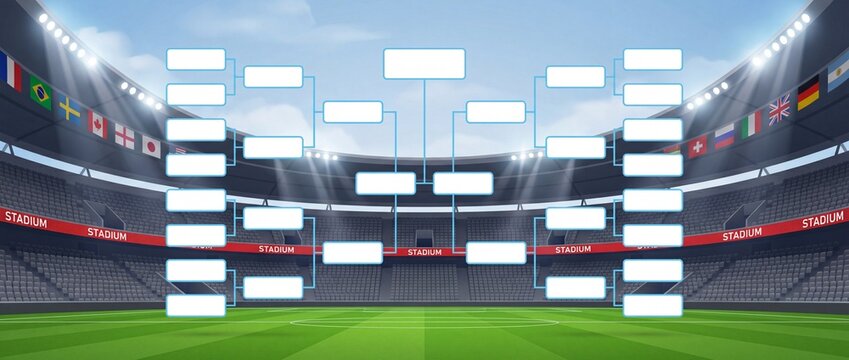 Empty tournament bracket in modern stadium with flags and green field