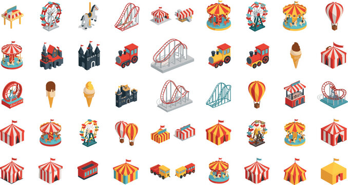 Isometric Amusement Park and Carnival Vector Mega Set Featuring Ferris Wheels Roller Coasters Carousels Circus Tents and Theme Park Attraction Icons
