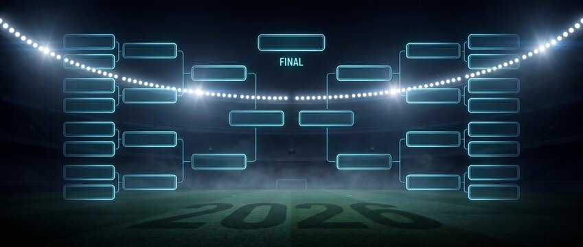 Neon tournament bracket on soccer field with 2026 and final lights