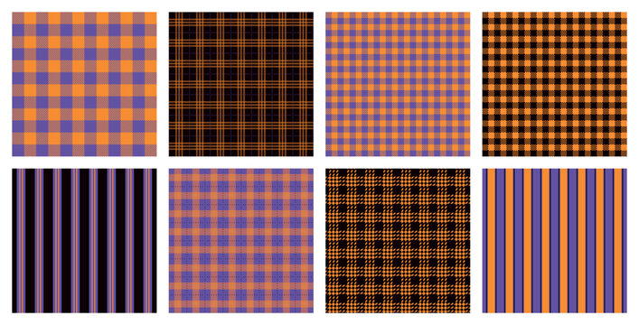 Bright seamless plaid and checkerboard patterns in orange, purple and black tones with striped textile textures, repeating geometric background and bold decorative fabric ornament
