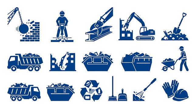 Blue industrial icons collection featuring demolition machinery and construction waste removal equipment, symbolizing professional civil engineering and waste management services