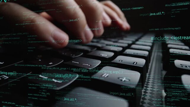 Close-up view of hands typing on a laptop keyboard with flowing lines of code in a digital environment, symbolizing the world of programming and technology. Xenic