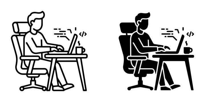 Programmer at Desk, Coding on Laptop, Software Developer Icon Set, Digital Workstation, Remote Work Lifestyle