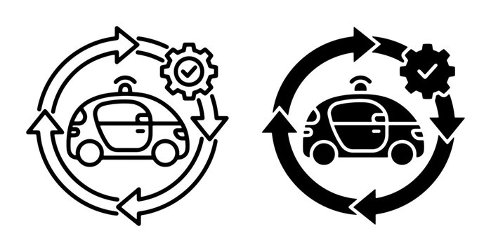 Autonomous Vehicle System Icons, Self-Driving Car Process Flow, AI Technology Workflow, Circular Arrows and Gear Graphics