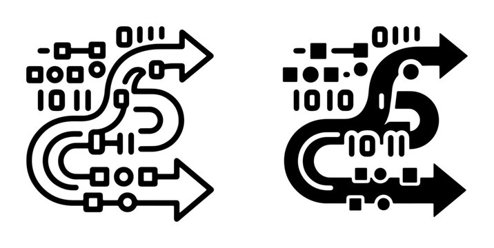 Abstract Data Flow Vectors, Digital Information Stream, Binary Code Path, Technology Process Icons, Network Connection Symbols