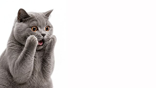 Shocked reaction grey cat with hands on cheeks, horizontal video