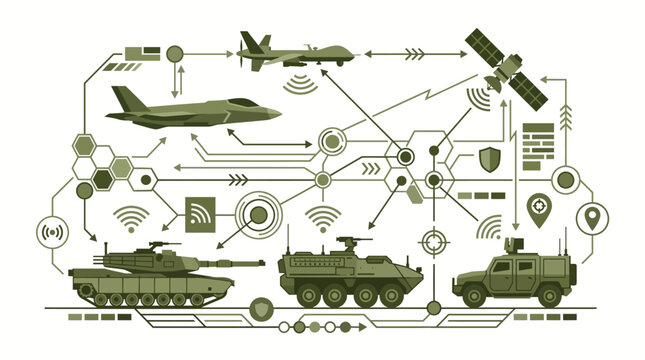 Military communication network and tactical data link concept, vector illustration of army defense system with satellite, drone, fighter jet, armored tank and combat vehicles isolated