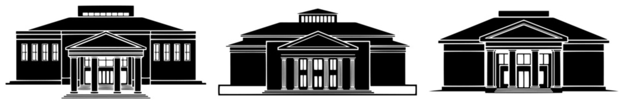 Classical building silhouettes with columns and triangular pediments in flat style