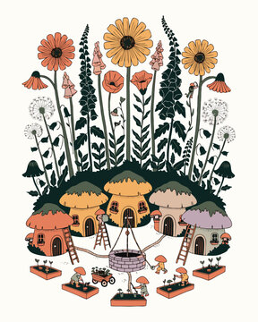 Floral garden scene with tiny houses and figures modern t shirt design illustration