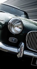 Fototapeta premium Classic Vintage Car Headlight and Grille Detail with Raindrops.