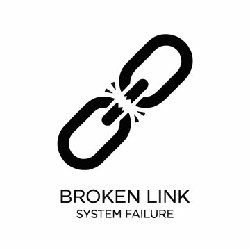 Snapped chain link symbol in monochrome flat design, isolated on clean white backdrop. Concept of weakness, broken trust, vulnerability, and system failure.