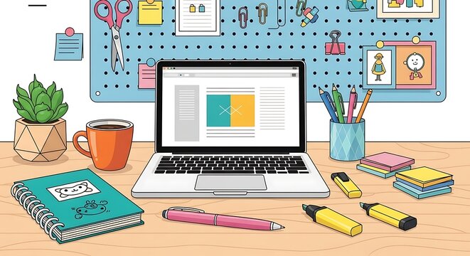 Modern home office with computer and stationery supplies.
