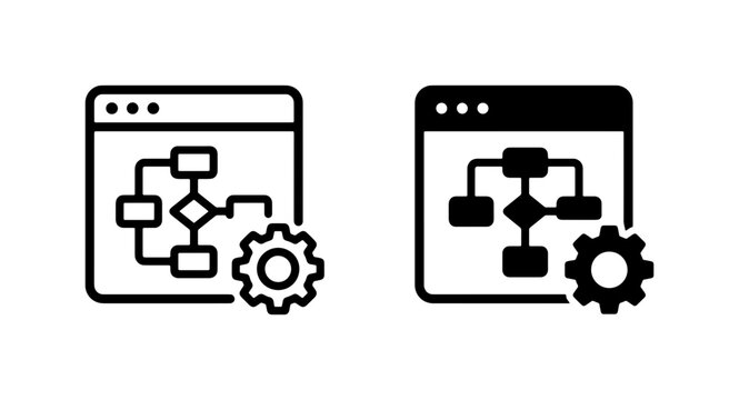 Process Flowchart Icons, Algorithm Diagram Symbols, Workflow Automation Gear, System Logic Steps, Business Process Mapping Vector Set