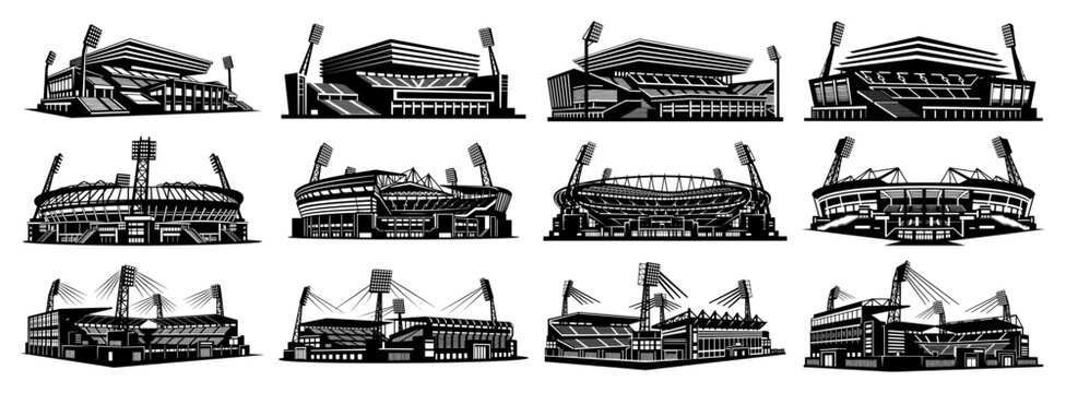 Sports stadium and arena silhouettes set with floodlights in modern architectural style