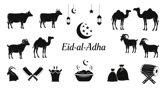 Eid-al-Adha Islamic festival icon set, black silhouette sacrificial animals and religious symbols, qurbani celebration vector elements for greeting cards