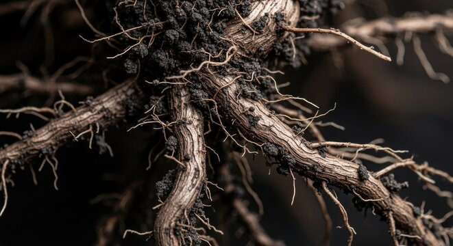 Detailed Macro Shot of Plant Roots Showing Texture and Structure.