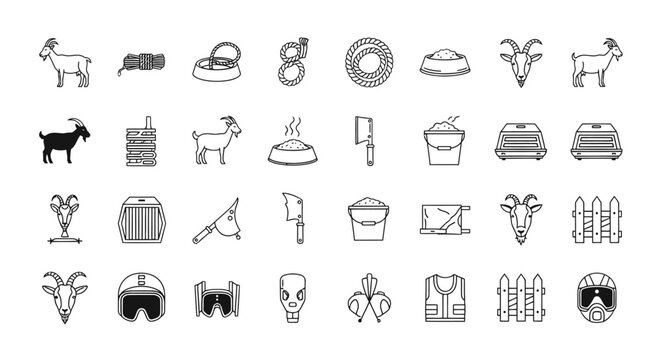 Goat farming and livestock icons set, 32 thin line vector elements for agriculture, animal husbandry and dairy production equipment