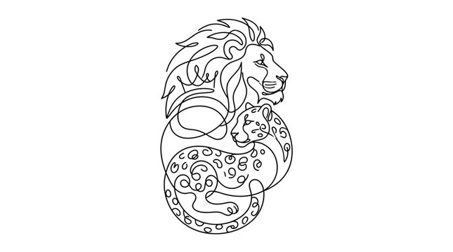 A continuous line art illustration featuring a majestic lion and a spotted leopard.