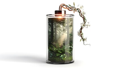 Obraz premium Surrealism Illustration of a Transparent Battery Shell Filled with a Lush Green Forest, Creative Eco Friendly Power and Sustainable Green Energy Metaphor, Premium Digital Art Asset