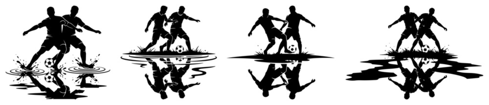 Soccer players playing with reflections on wet ground in graphic silhouette style