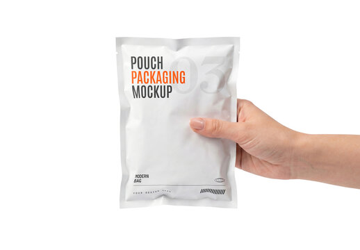 White Pouch Packaging Mockup Held in Hand