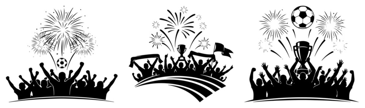 Sports fans celebrating goal victory with trophy and fireworks in silhouette style