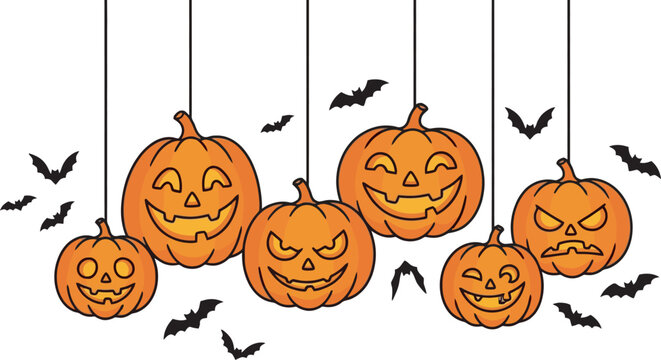 Halloween decorations with hanging jack o lanterns and bats flying around