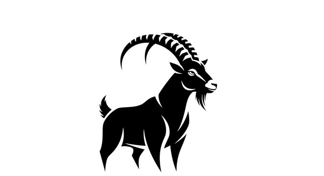 Majestic mountain goat silhouette vector, powerful ibex with long curved horns, black and white wild animal logo icon for outdoor branding