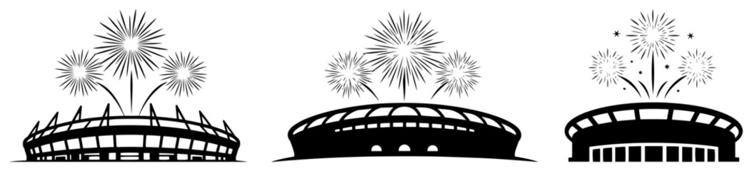 Stadium silhouettes with celebratory fireworks exploding above arena in black and white graphic style © Cristiano
