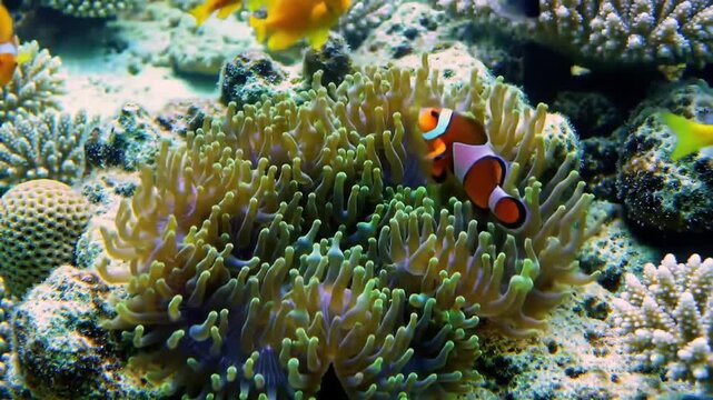Vibrant clownfish swimming among sea anemones and tropical fish in a colorful coral reef