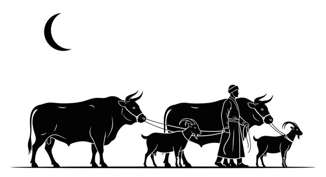 Ancient shepherd silhouette with livestock, traditional farmer leading bulls and goats under crescent moon, rustic agricultural vector illustration