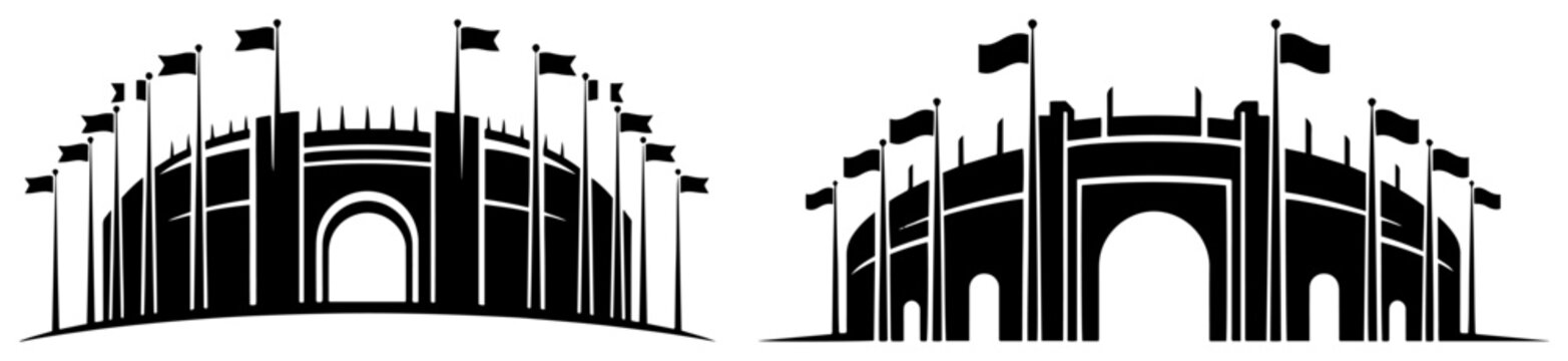 Stadium architecture silhouettes with entrance arches and fluttering flags silhouettes set