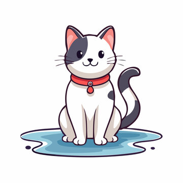 Cute cartoon cat sitting on a blue puddle