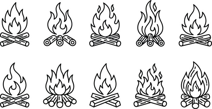 Linear campfire icon set for outdoor camping and wilderness guides.