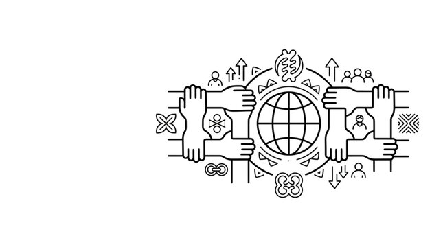 Line art illustration featuring hands joined around a globe with cultural symbols.