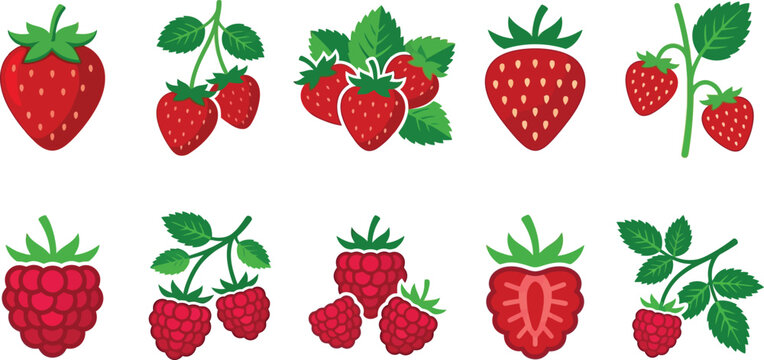 Assortment of fresh red strawberries and raspberries with green leaves.
