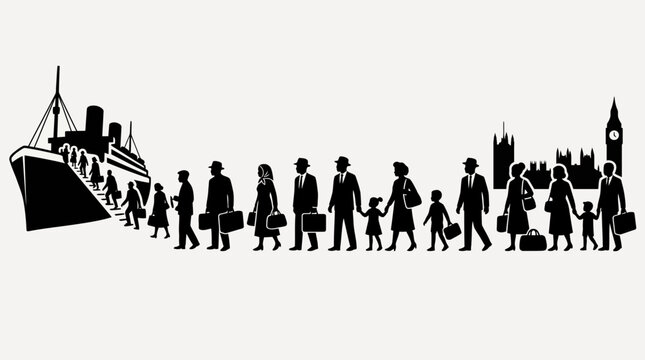Silhouette illustration of immigrants arriving by ship to London city.