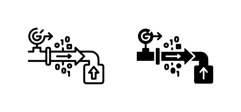 Flow Meter Icon Set, Industrial Pipeline Gauge and Data Stream Vector Graphics, Fluid Measurement and Control Symbols