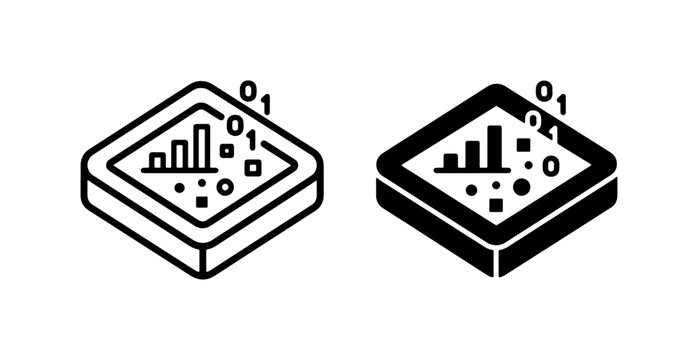 Isometric Data Analytics Icons, Digital Information Bar Chart Symbols, Binary Code and Growth Metrics, Vector Graphic Elements for Business Technology Concepts