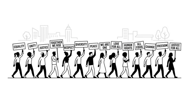 A diverse group of people marching together holding protest signs for social justice and equality.
