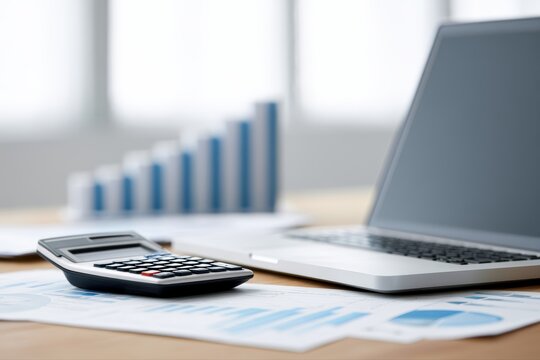 Business office desk with laptop, calculator and financial graphs, corporate budgeting and expense tracking