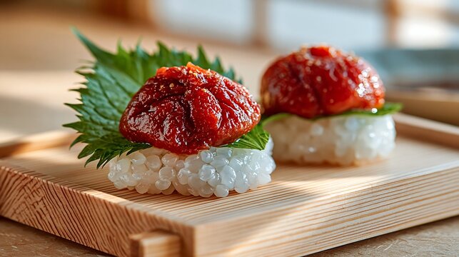 Salted plum umeboshi sushi with shiso leaf on wooden tray