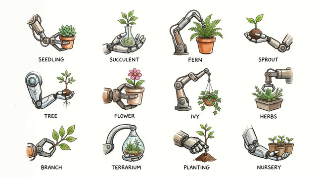 Collection of robotic arms and mechanical hands nurturing plant species like ferns, sprouts and succulents on white background, illustrating smart farming and representing agritech development