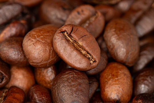 Coffee beans, top view, close-up.