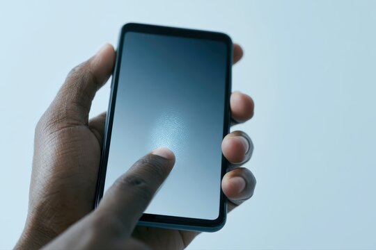 User verifying biometric fingerprint login on smartphone, representing passwordless authentication and security system