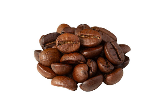 Roasted coffee beans piled on a white background.