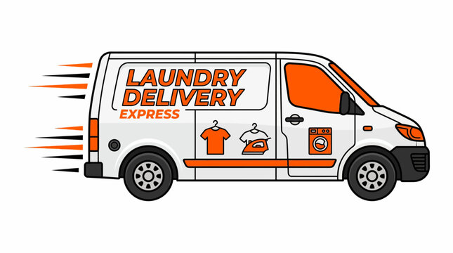 Modern white laundry delivery express van with orange branding and clothing icons on white background, representing professional cleaning services and illustrating fast logistics transportation